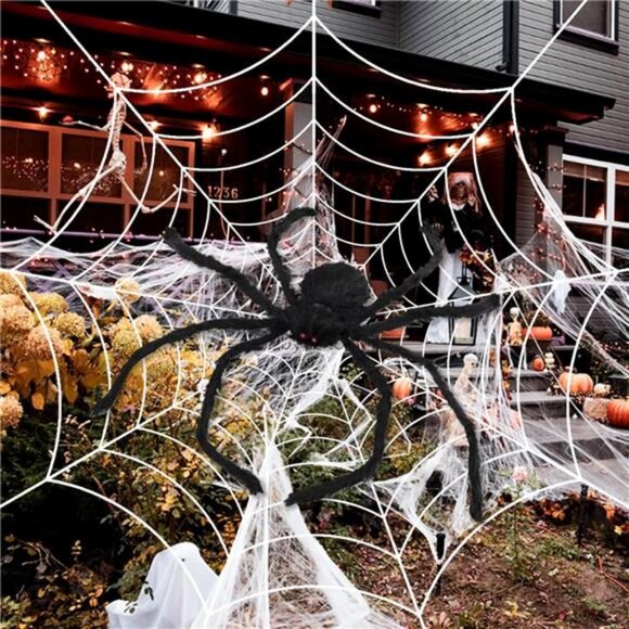 Halloween Decorations, 9FT Diameter Spider Web Lights with Black 4FT Spider - Picture 5 of 7
